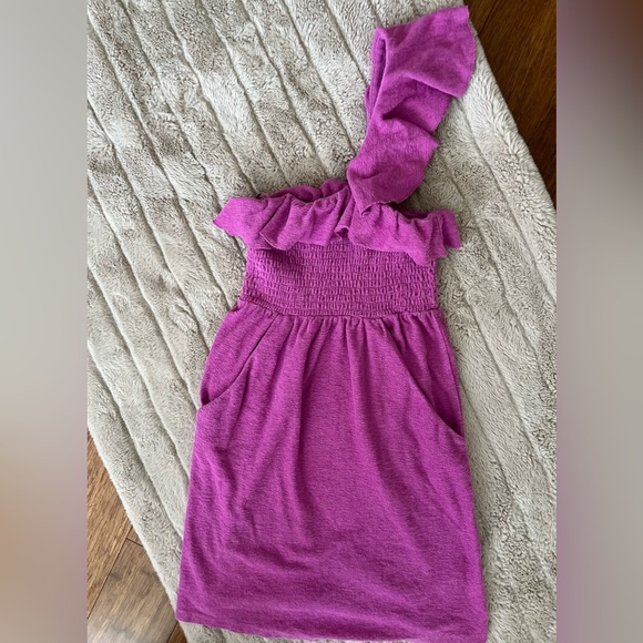 Y2K Juicy Couture Dress TerryCloth Violet Ruffle Trim 1 Shoulder Smocked Bust XS - Picture 2 of 6